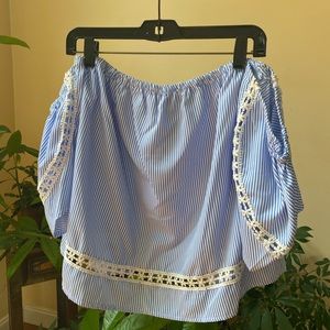 Off The Shoulder Striped Blouse with Flower Detail